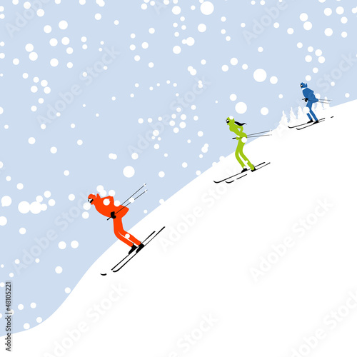People skiing, winter mountain landscape for your design