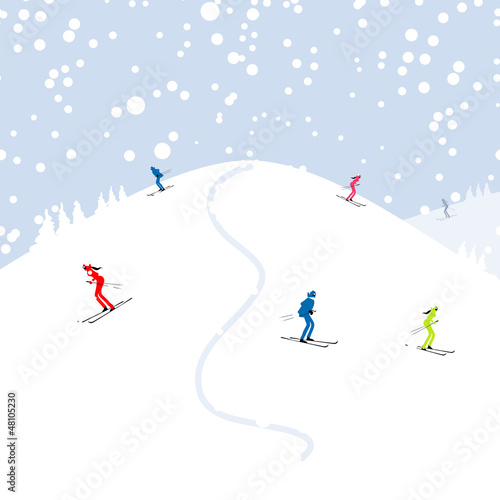 People skiing, winter mountain landscape for your design