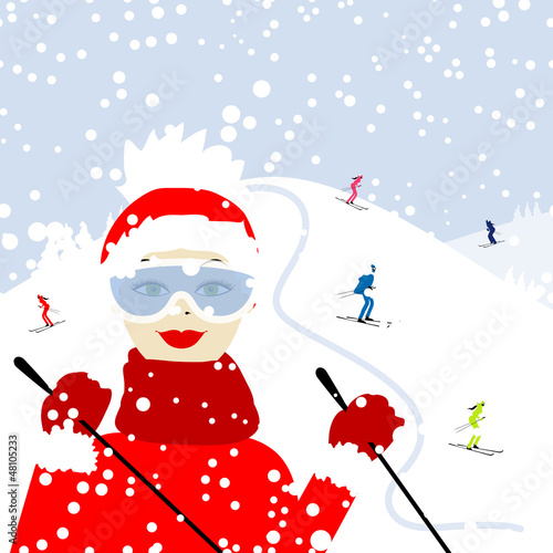 Girl skiing, winter mountain landscape