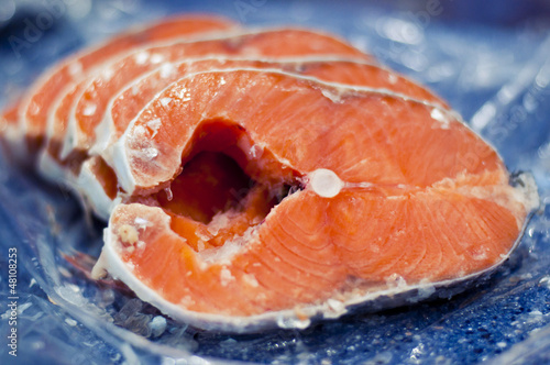 Sliced ??salmon steaks, for sale in a supermarket