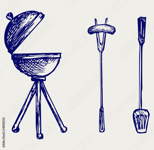 Set of bbq objects. Doodle style