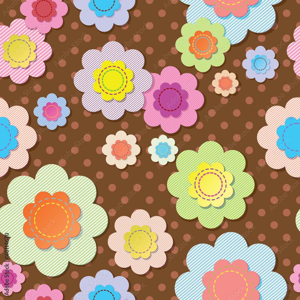 Seamless textile flowers on brown polka dot fabric
