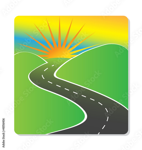 Sun, hills and road vector design