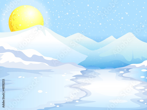 A moon and snow mountains