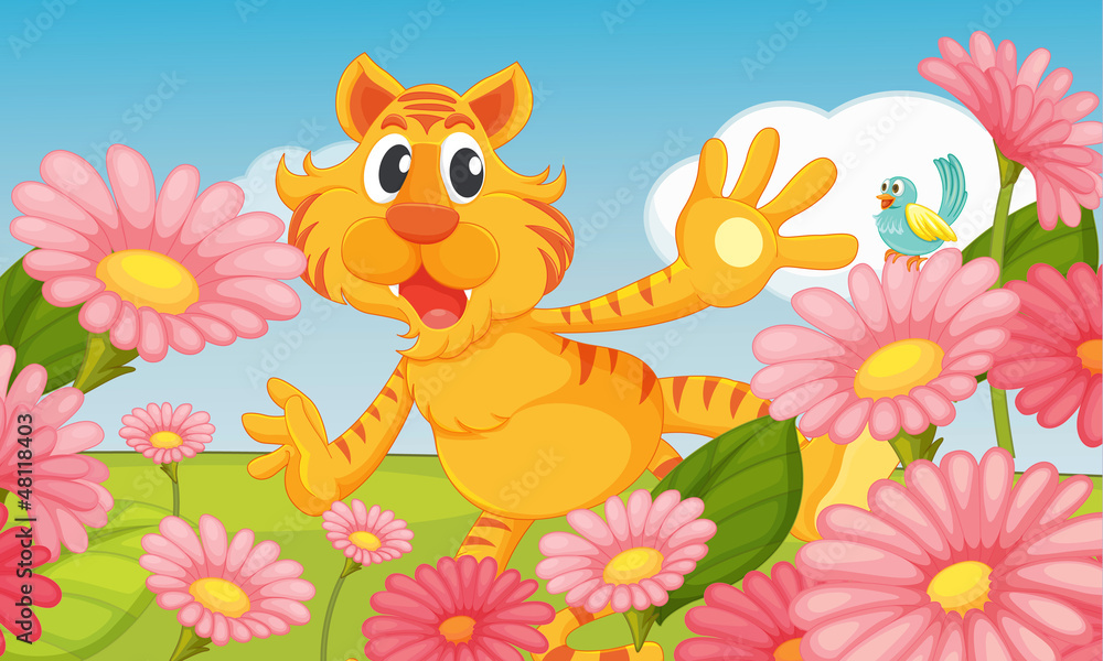 A smiling tiger and a bird A smiling tiger and a bird
