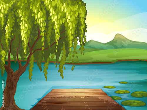 A river and a wooden bench