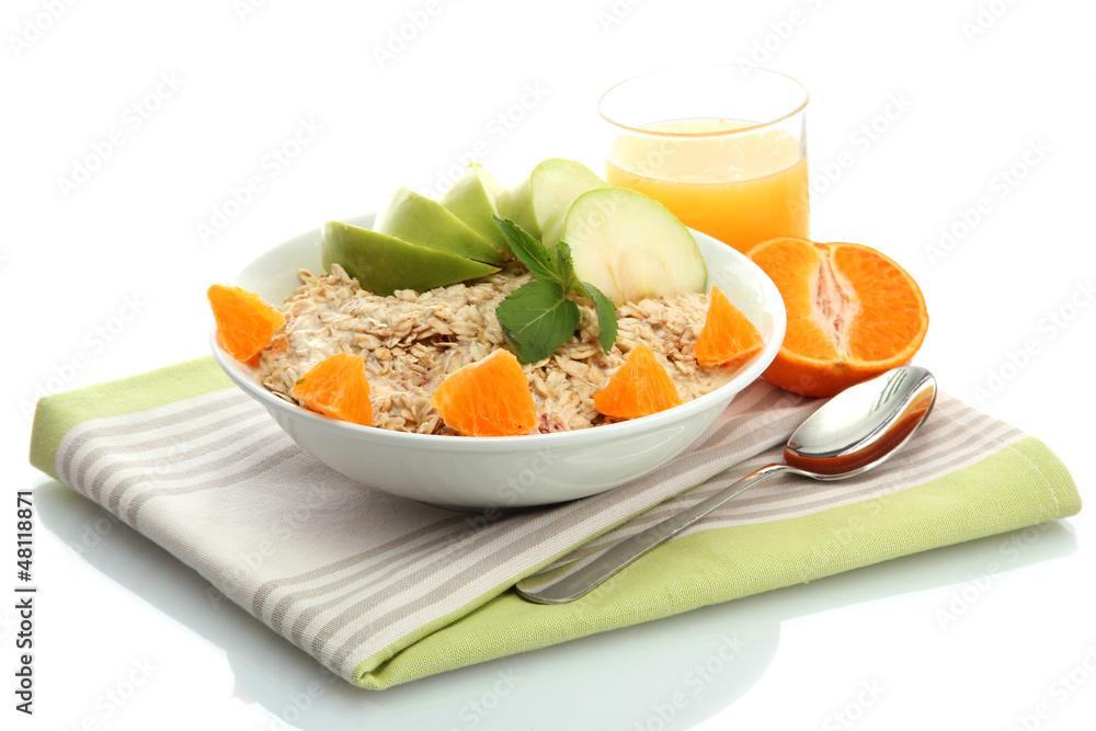 tasty oatmeal with orange and apple, isolated on white tasty oatmeal with orange and apple, isolated on white