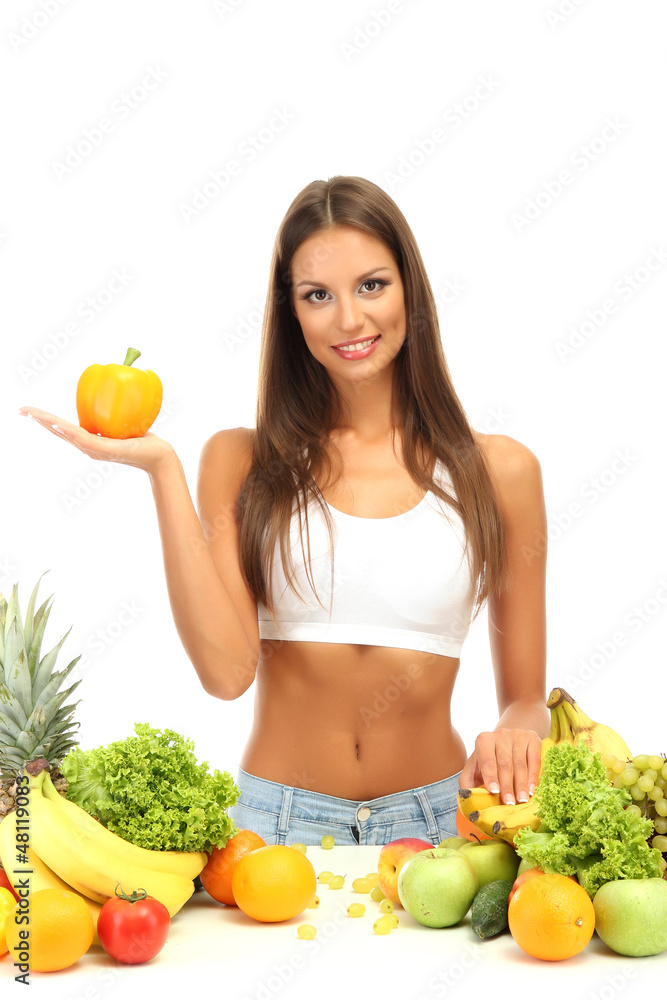 beautiful young woman with fruits and vegetables, isolated
