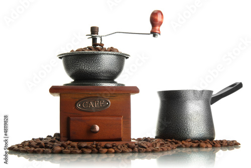 Coffee grinder with coffee beans and turk, isolated on white