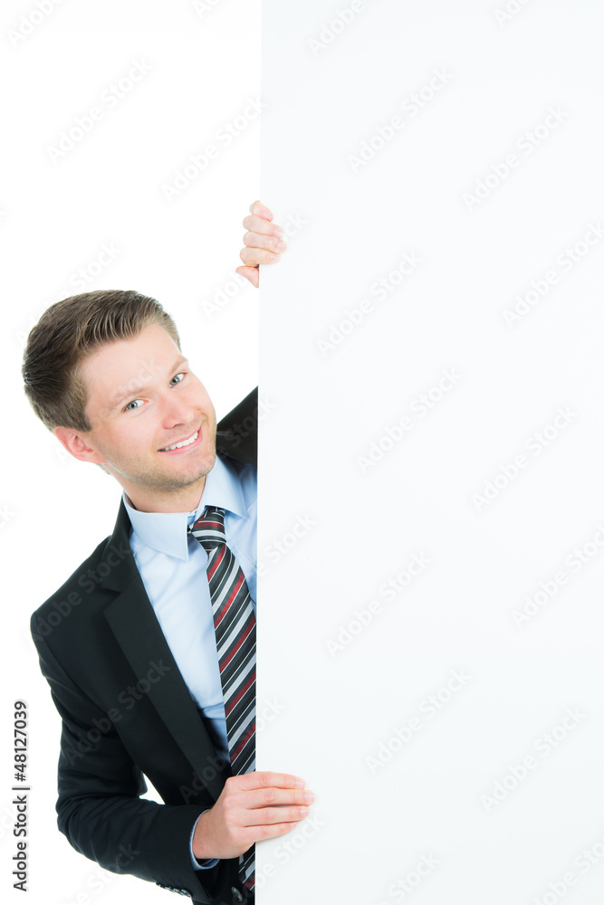 kaufmann mit werbeschild kaufmann mit werbeschild