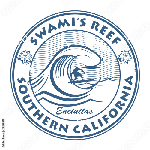 Stamp with surfer on wave and name of Swami's Reef, California