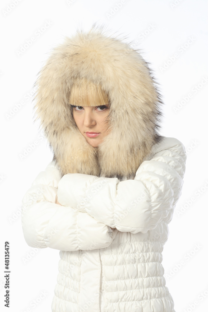 portrait of blonde girl in warm jacket with a hood portrait of blonde girl in warm jacket with a hood