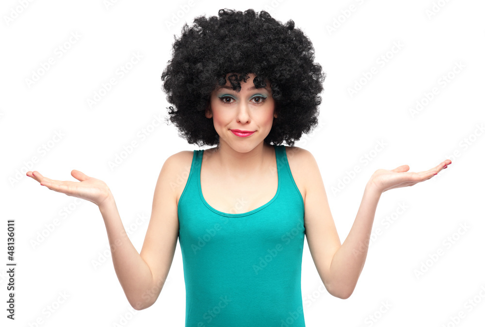 Woman with afro expressing confusion Woman with afro expressing confusion