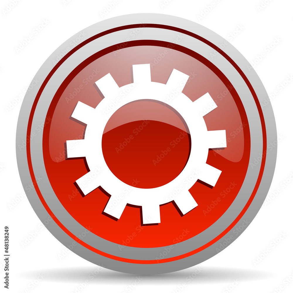 gears red glossy icon on white background