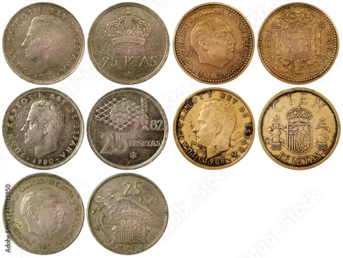 different rare coins of spain isolated on white background