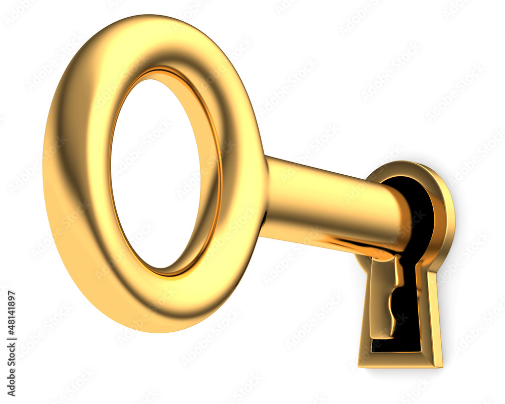 Golden key in keyhole 3D. Isolated on white background Golden key in keyhole 3D. Isolated on white background