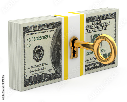 Key and money isolated on white background