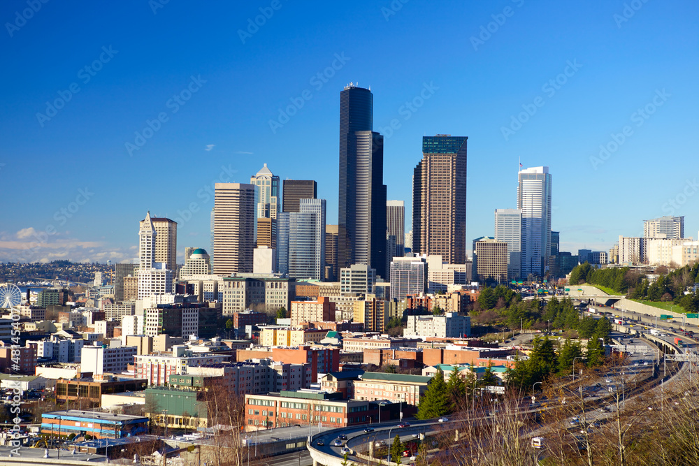 Seattle skyline with urban skyscrapers and blue sky, WA, USA