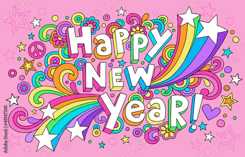 Happy New Year Groovy Doodles Card Illustration