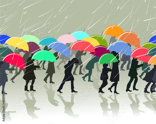 pattern with silhouettes of people with umbrellas in a rainy day
