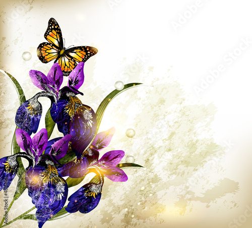 Fototapeta Naklejka Na Ścianę i Meble -  Cute  grunge floral background with blue iris