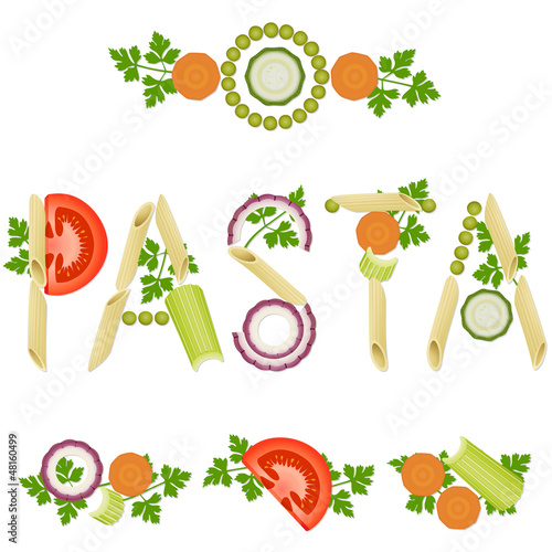 Pasta written with sliced vegetables and macaroni