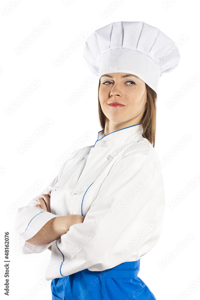 prosperous female cook over white background