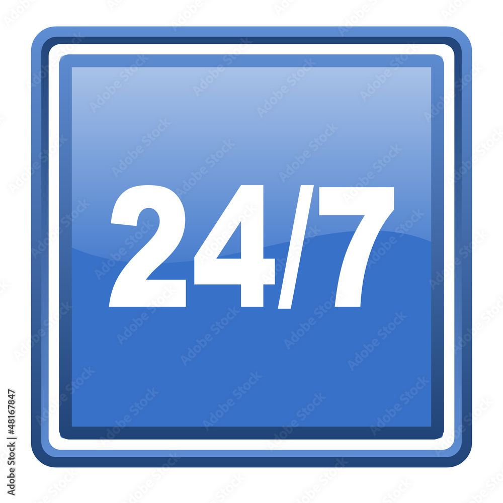 24/7 blue glossy square web icon isolated