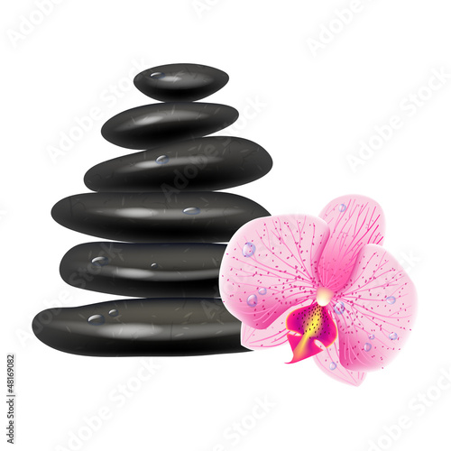 Illustration with massage stones and orchid. White background