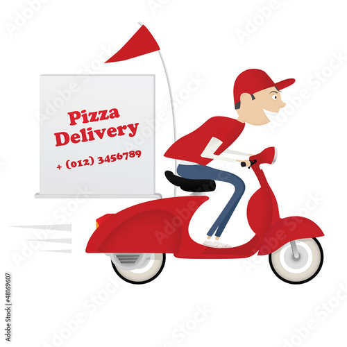 Funny pizza delivery boy riding red motor bike