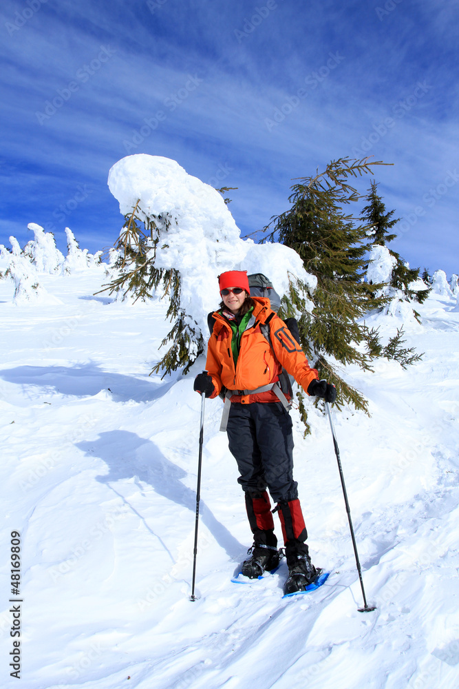 Winter hiking in snowshoes.