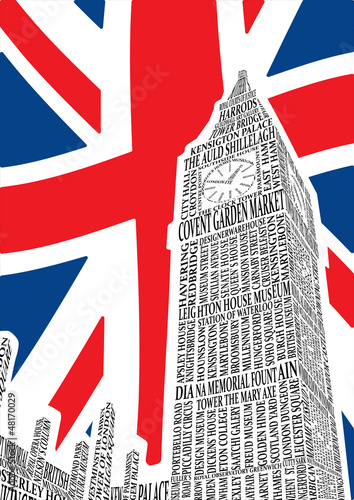 Big Ben of the names of London attractions. vector