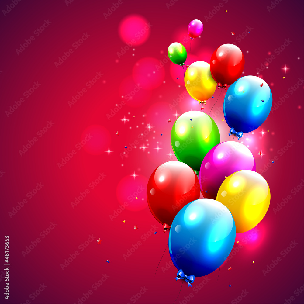 Modern red birthday background with colorful balloons Modern red birthday background with colorful balloons