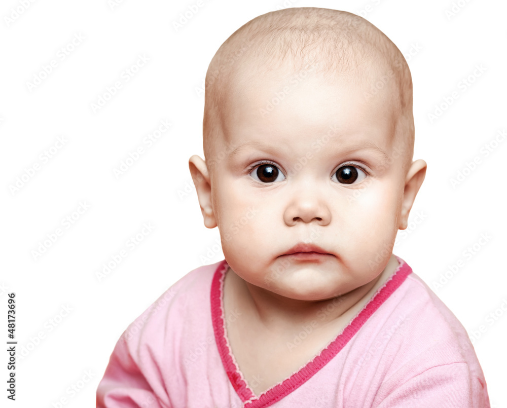 Little calm baby in a pink jacket isolated on white Little calm baby in a pink jacket isolated on white