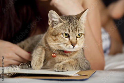 Cat in bed with woman and book