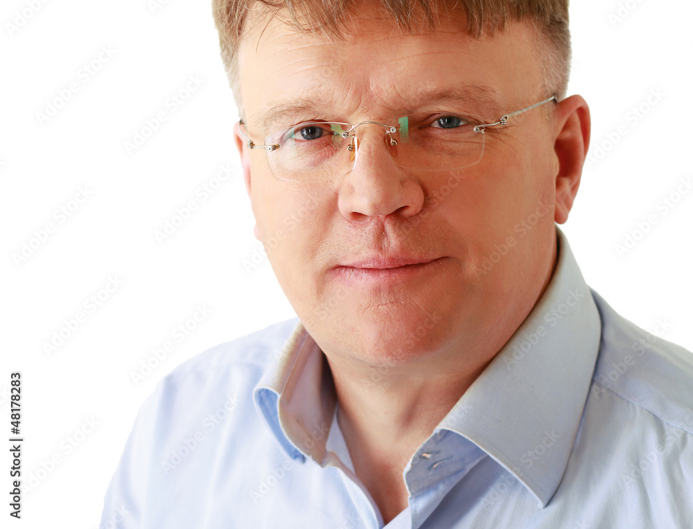 Portrait of man wearing glasses, isolated on white background