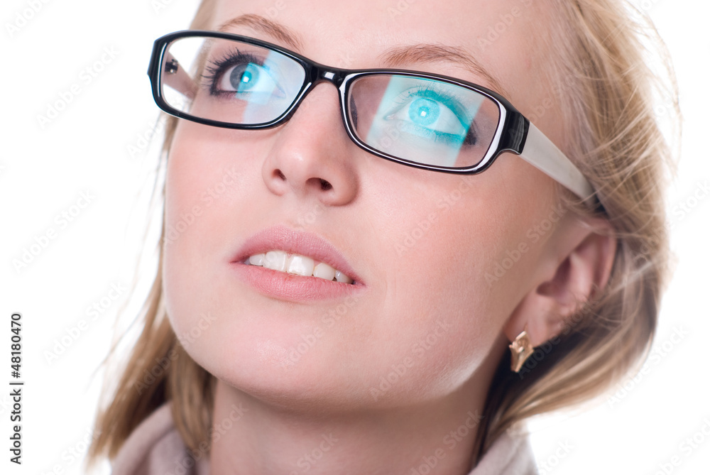 Close-up portrait of a girl with glasses facing upward Close-up portrait of a girl with glasses facing upward
