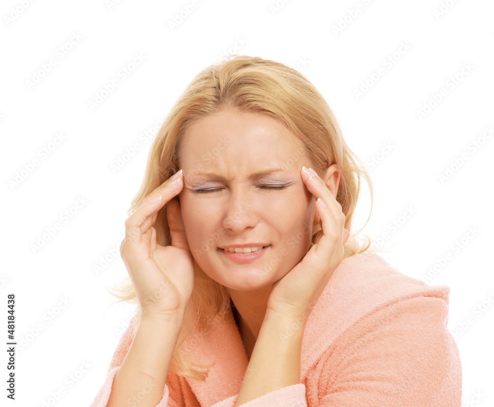 Young woman with head pain on white background Young woman with head pain on white background