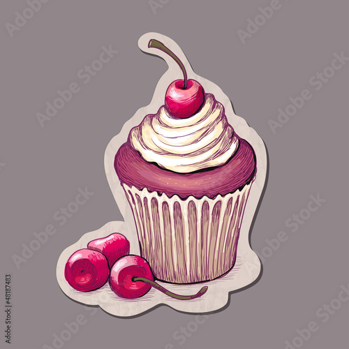 Vector  illustration of cupcake with cherry