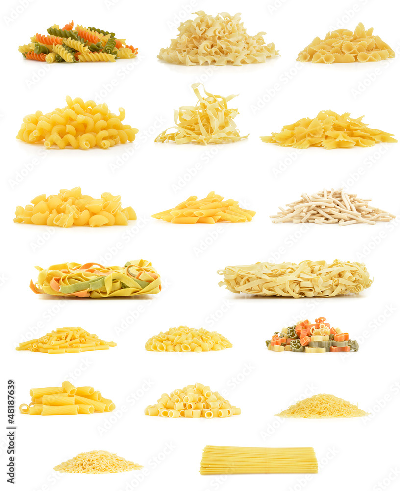 Variety of pasta from side isolated on white background Variety of pasta from side isolated on white background