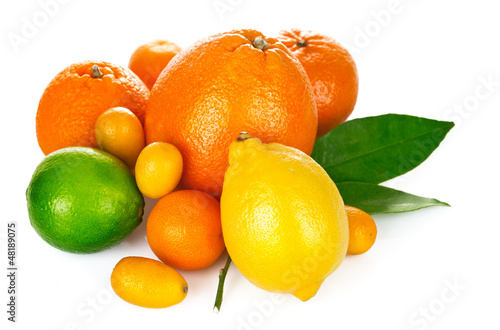 fresh citrus fruit with green leaf isolated on white background
