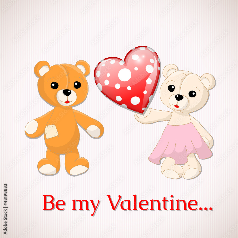 Papier peint Carte de voeux de la Saint-Valentin avec deux ours en peluche  et écoute en pointillé rouge 