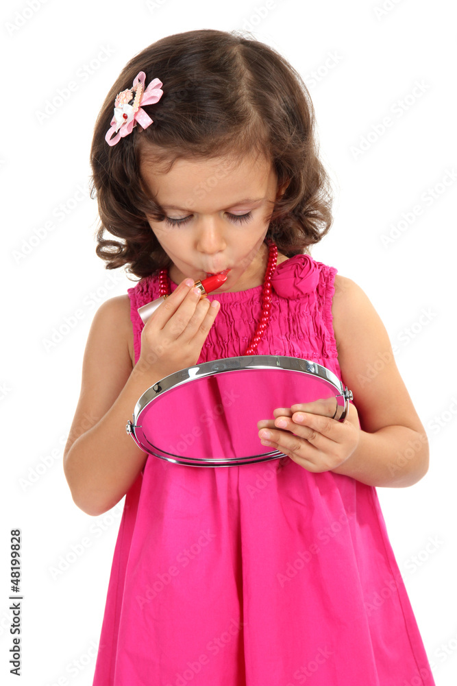 beautiful little girl doing makeup isolated on white