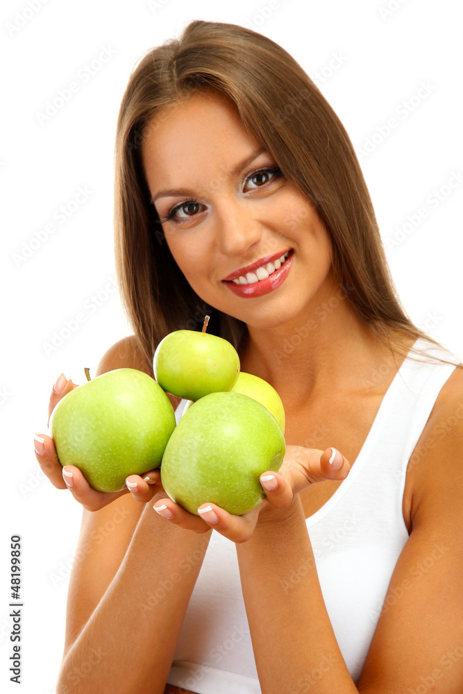 beautiful young woman with green apples, isolated on white beautiful young woman with green apples, isolated on white