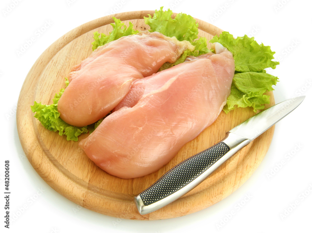 raw chicken meat on cutting board, isolated on white raw chicken meat on cutting board, isolated on white
