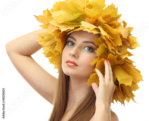beautiful young woman with yellow autumn wreath, isolated