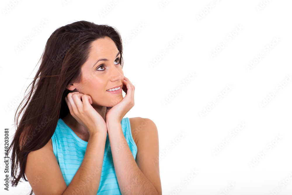 beautiful young woman looking at empty copy space beautiful young woman looking at empty copy space