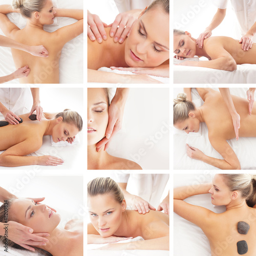A collage of spa images with young women on massage