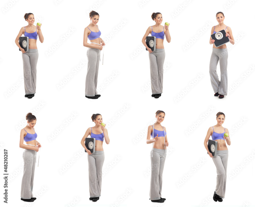 Obraz premium A collage of young woman in sporty clothes holding scales