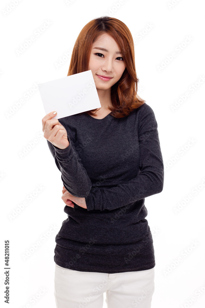Asian woman showing empty card isolated on white background. Asian woman showing empty card isolated on white background.